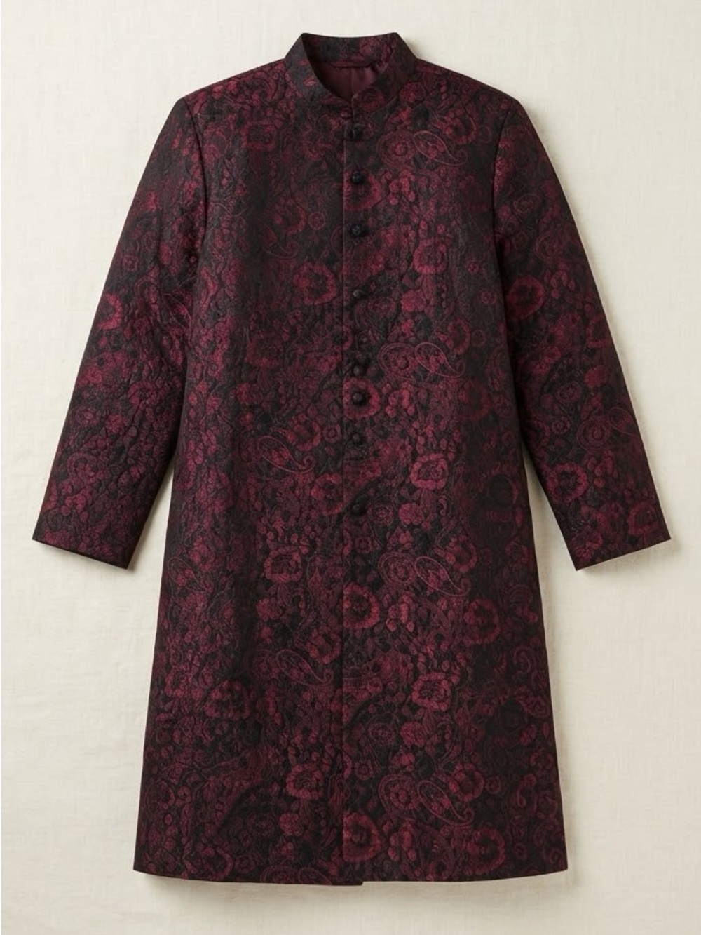 Laura Ashley Black & Burgundy Floral Brocade Long Coat